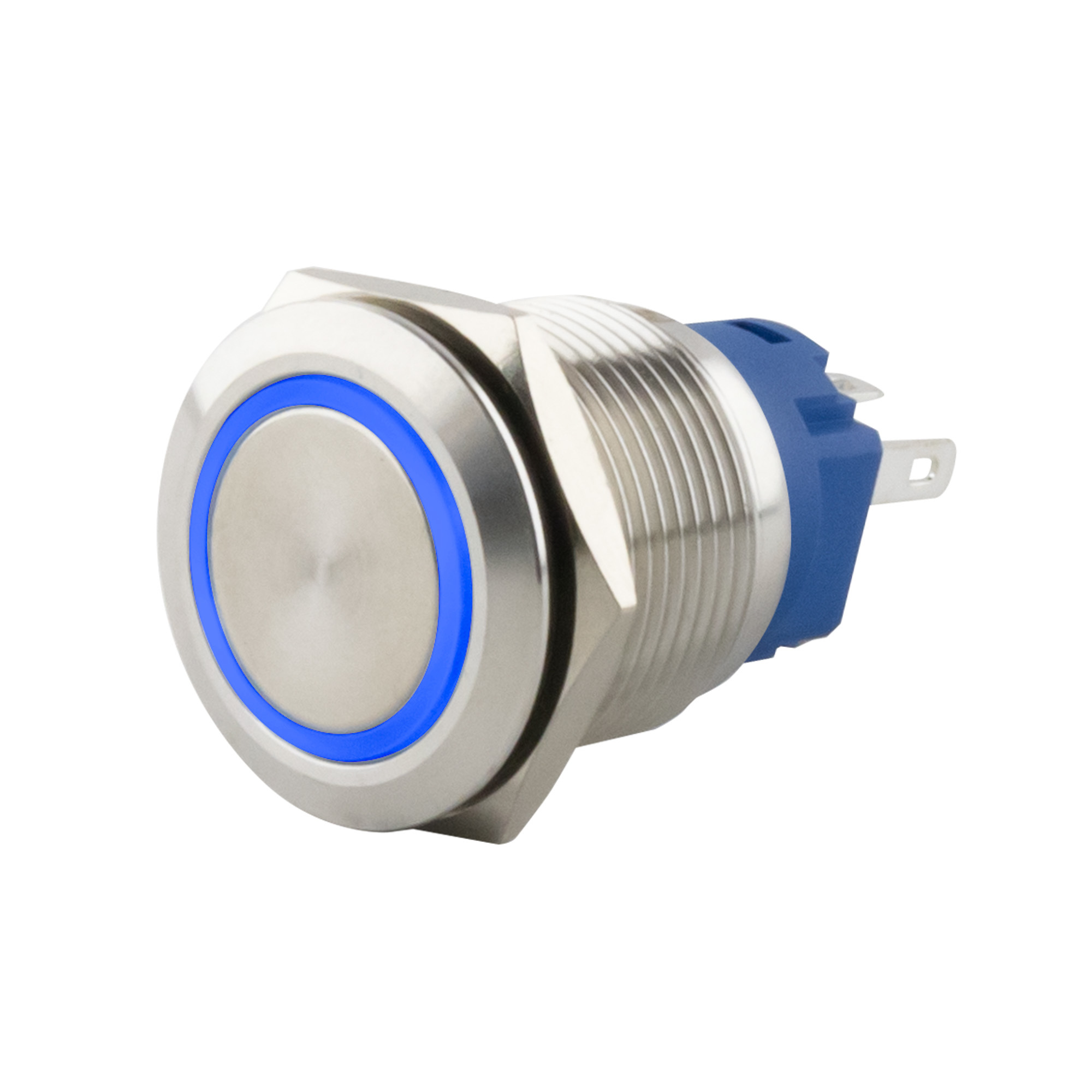 Push-button momentary Ø16mm flat LED ring blue