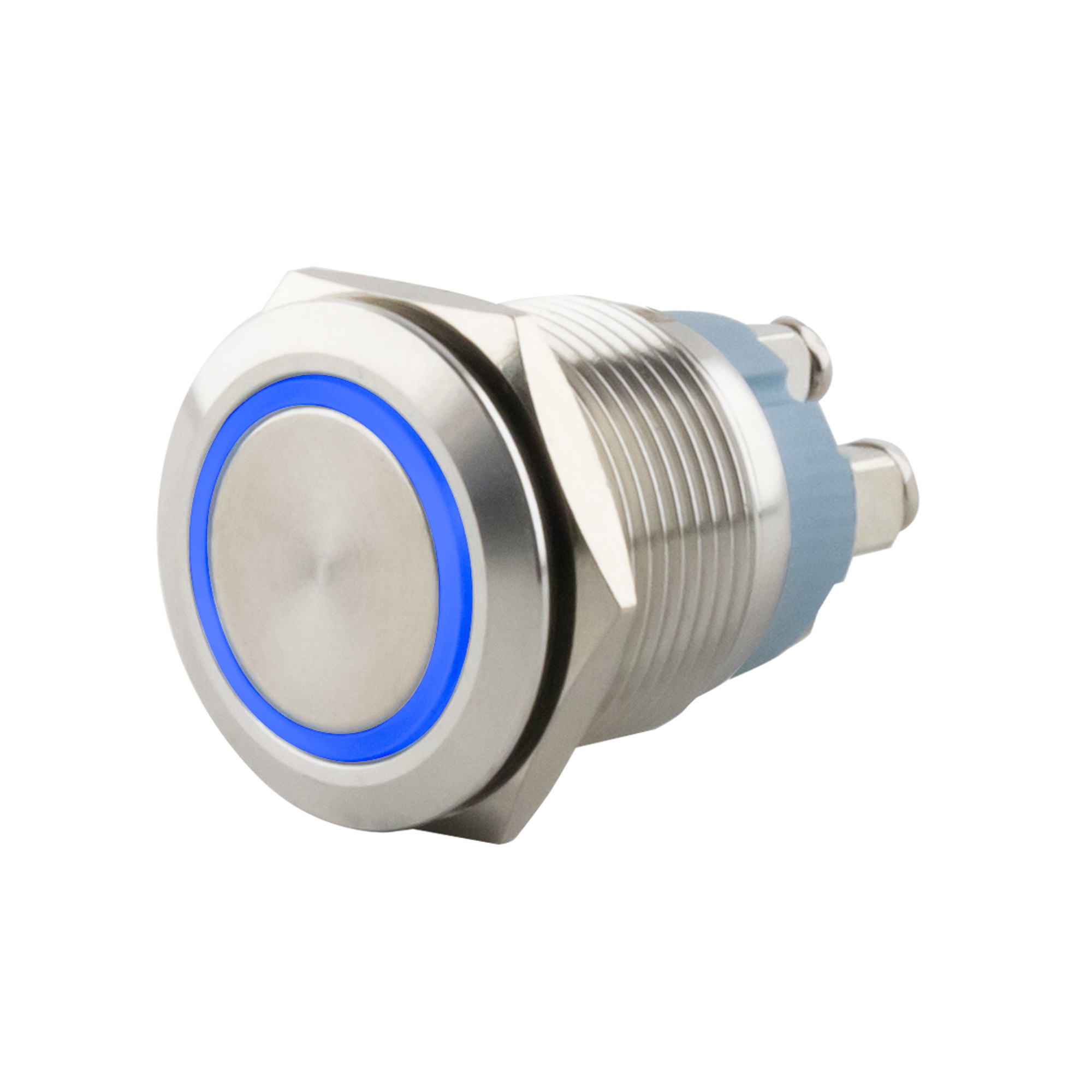 Push-button momentary Ø16mm flat LED ring blue -screw