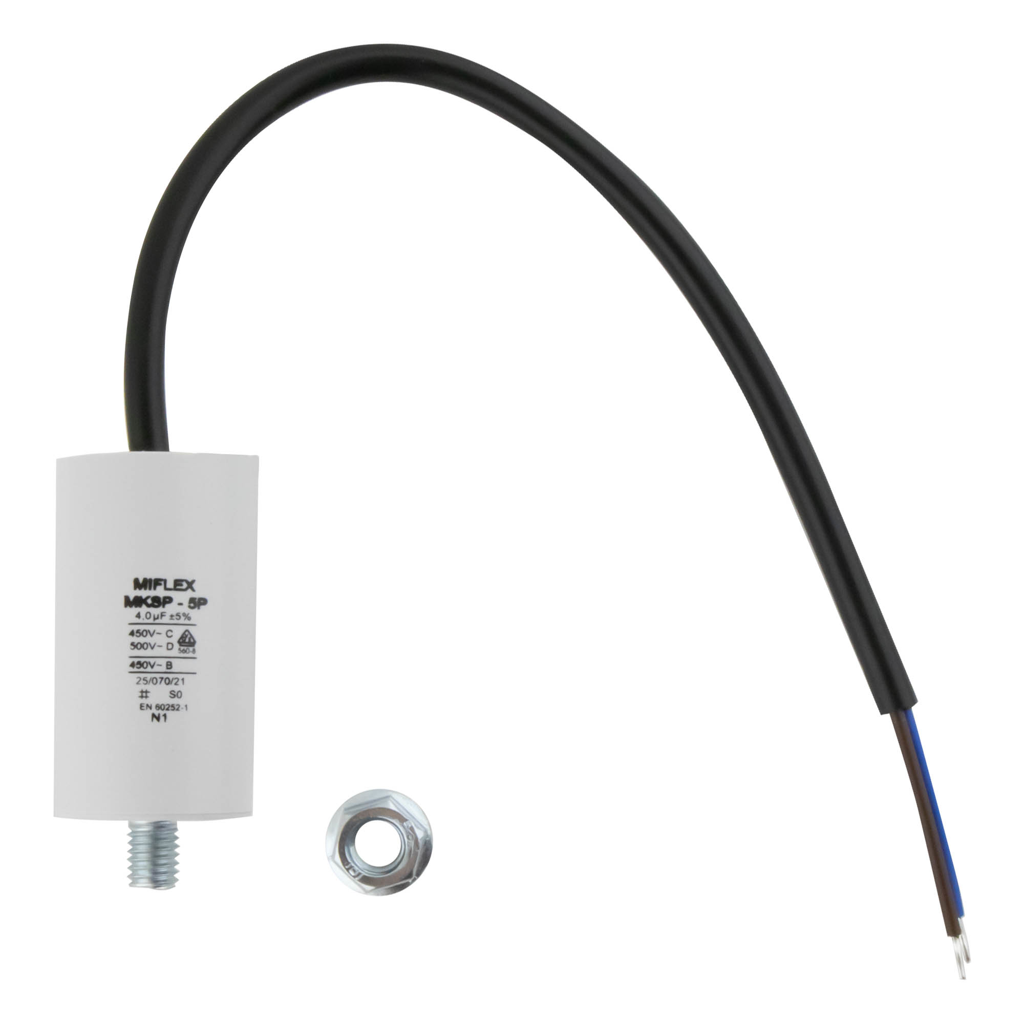 Motor Capacitor 4uF-450V, 30x58mm, cable connection