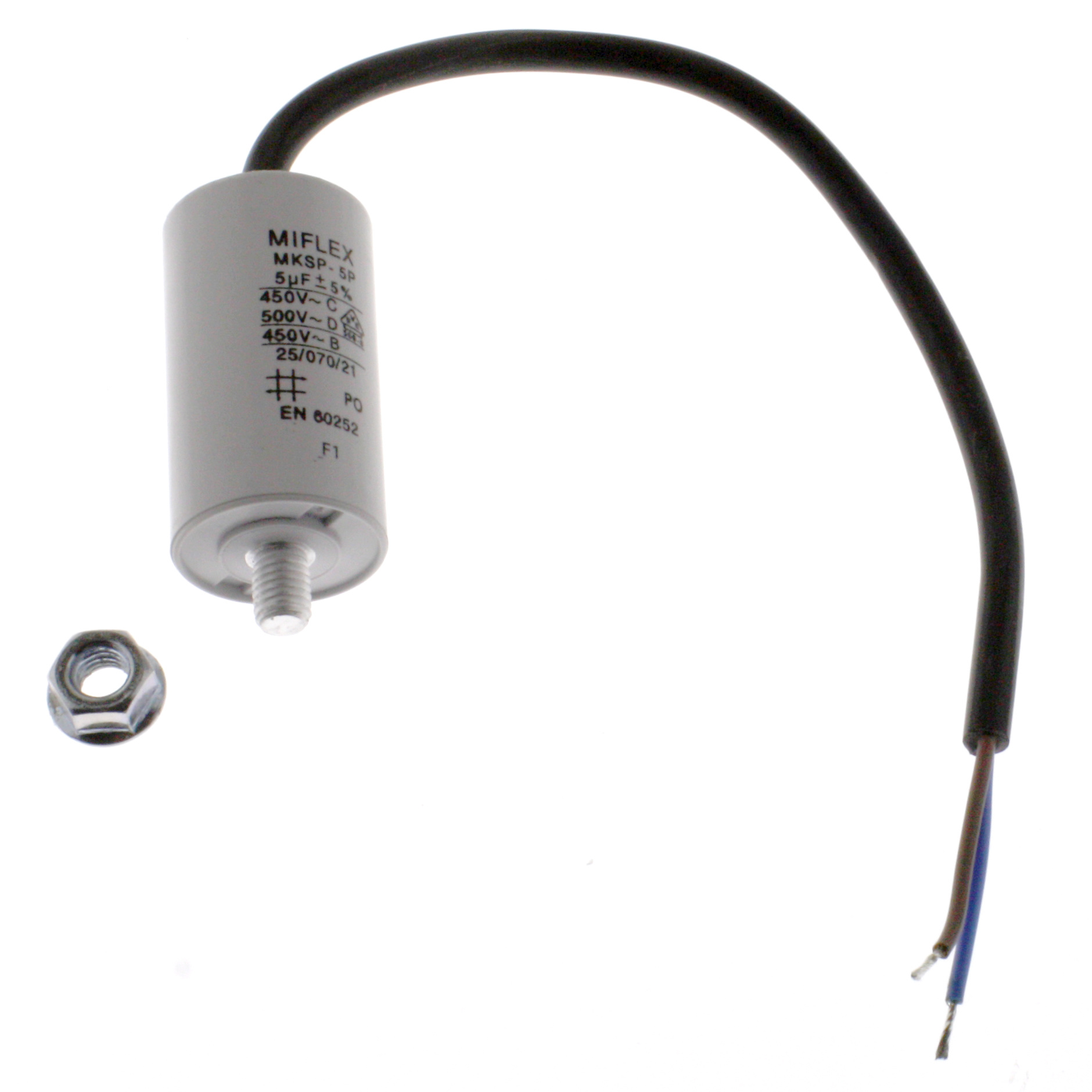 Motor Capacitor 5uF-450V, 30x53mm, cable connection