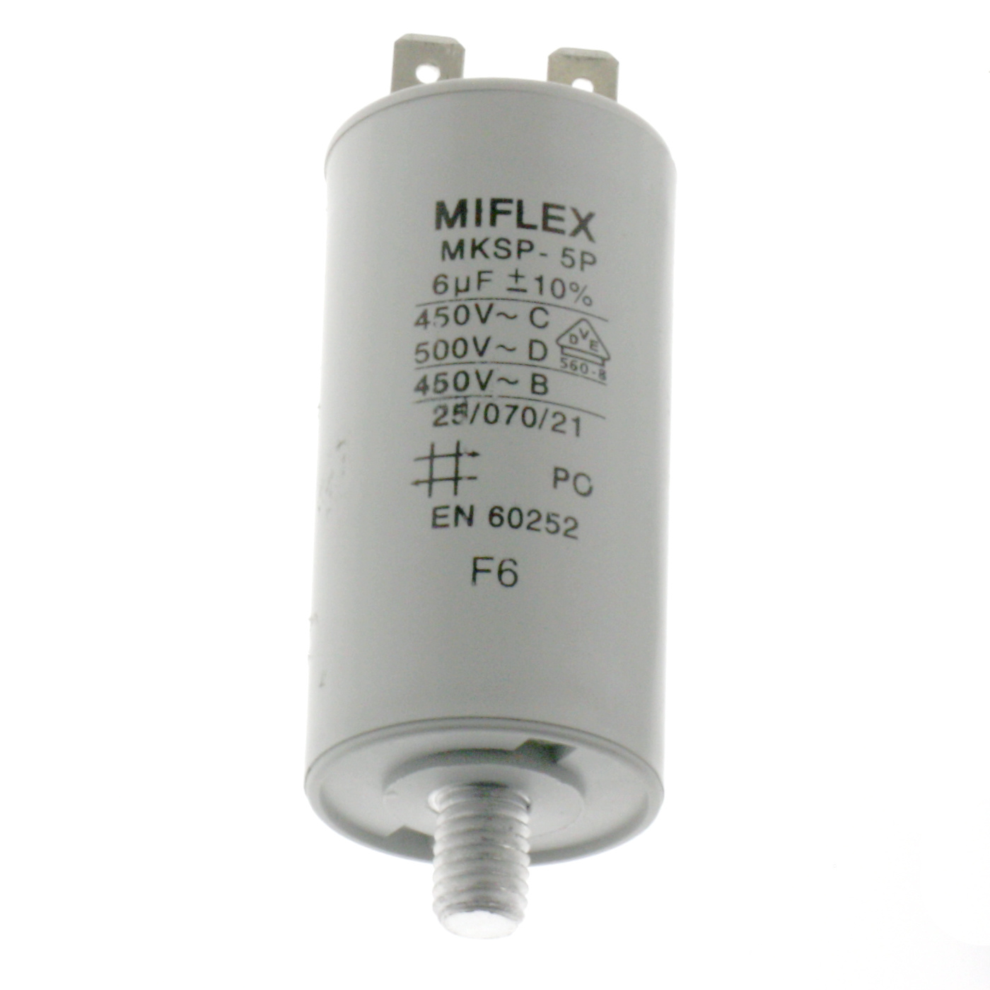 Motor Capacitor 6uF-450V, 30x58mm, flat connection