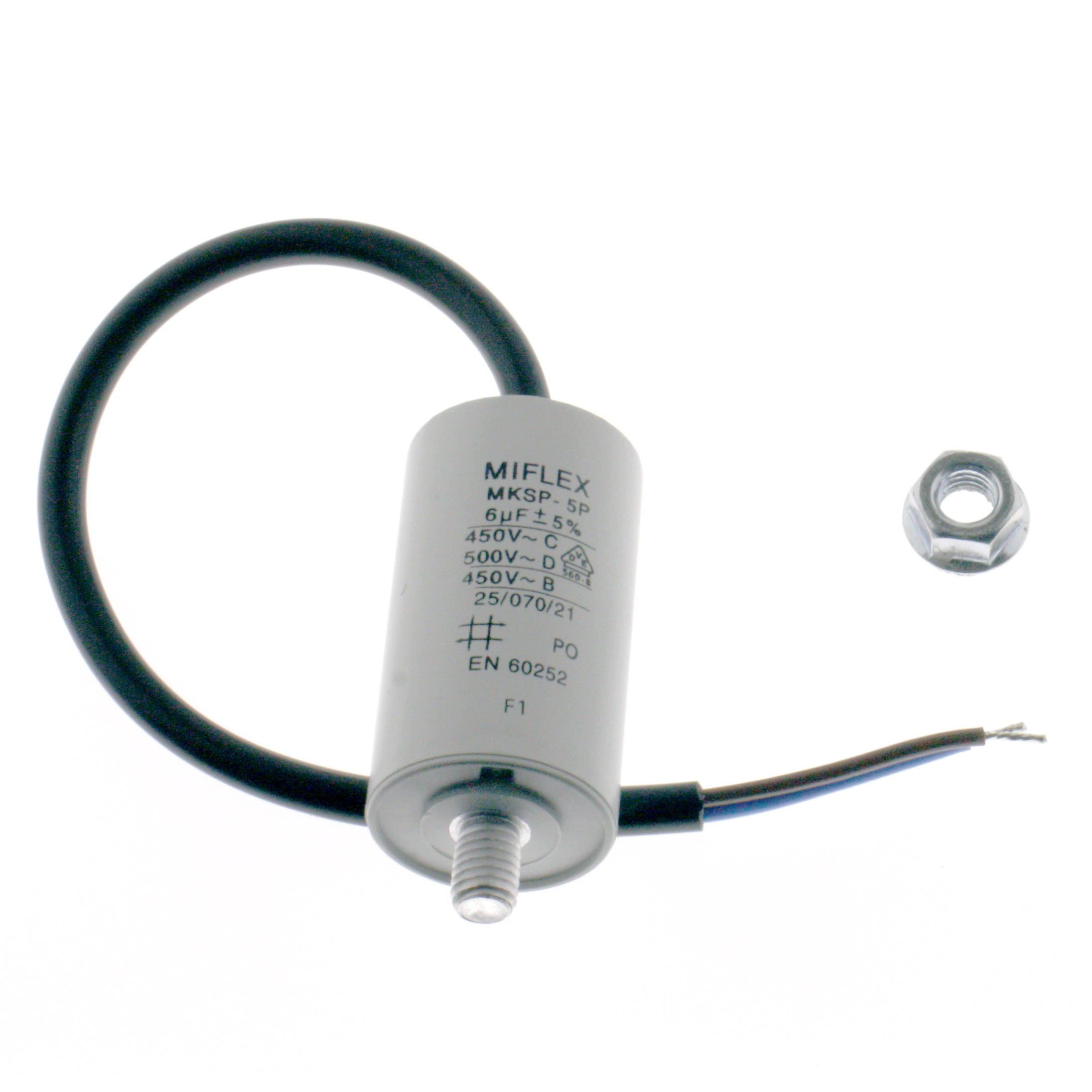 Motor Capacitor 6uF-450V, 30x53mm, cable connection