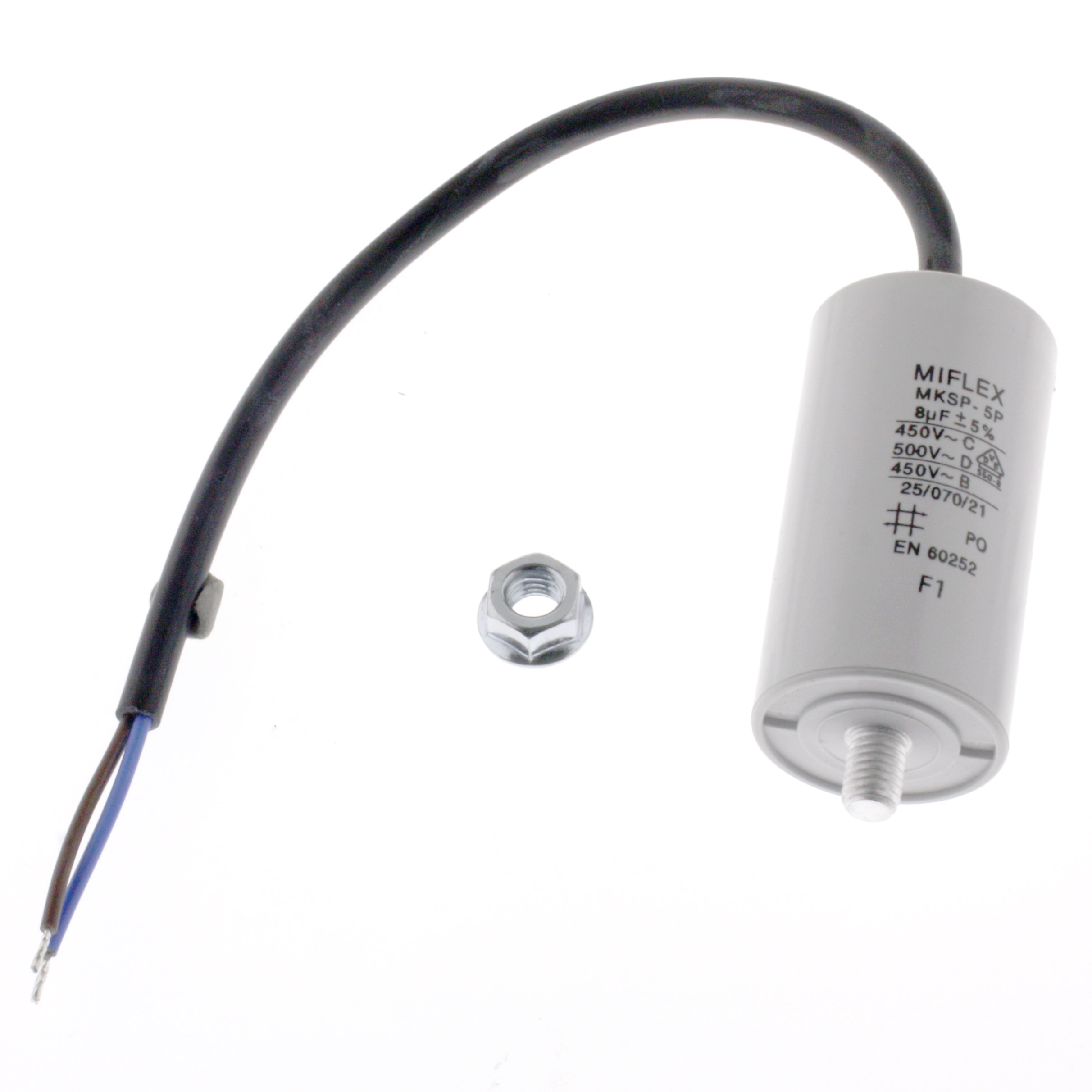 Motor Capacitor 8uF-450V, 35x65mm, cable connection