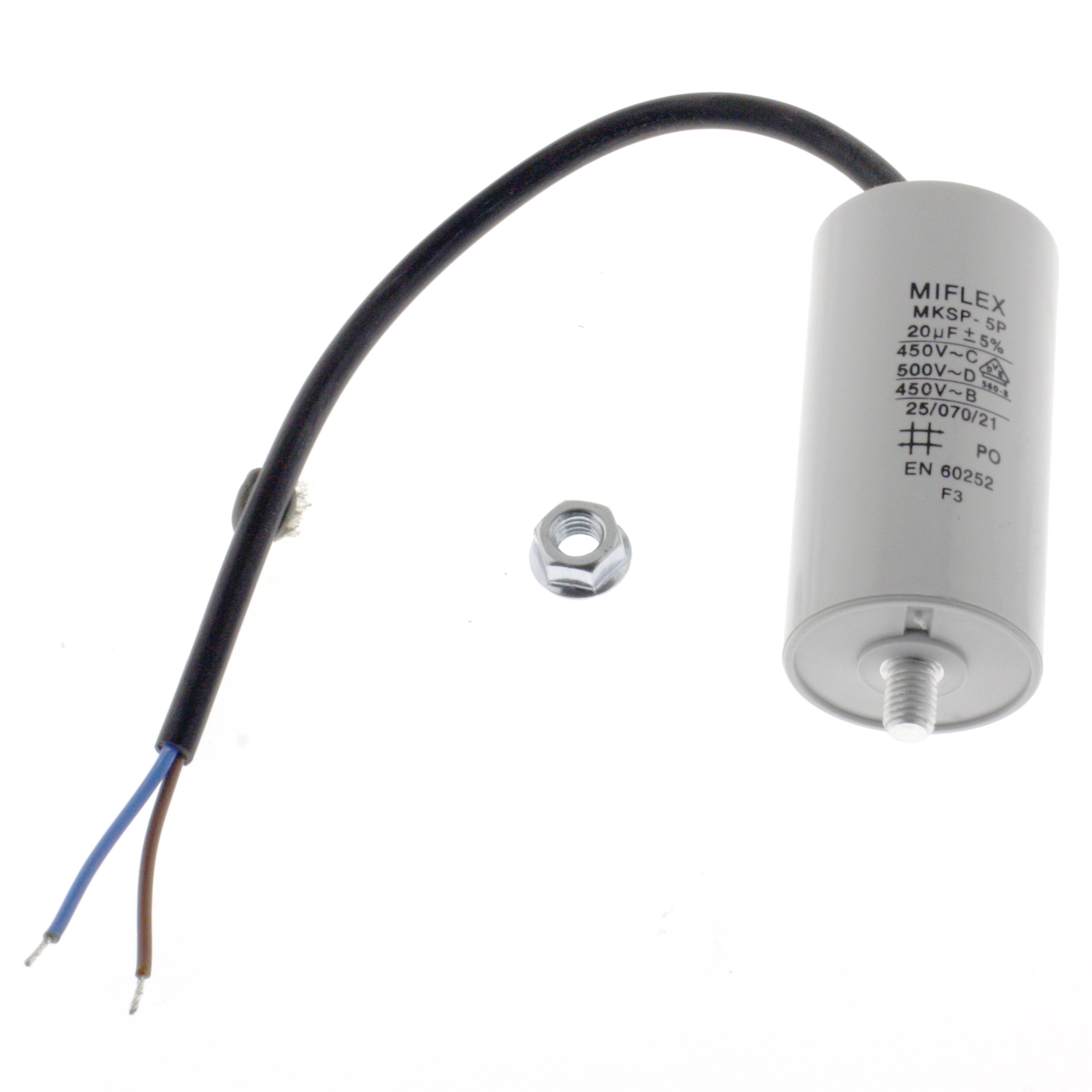 Motor Capacitor 20uF-450V, 40x78mm, cable connection
