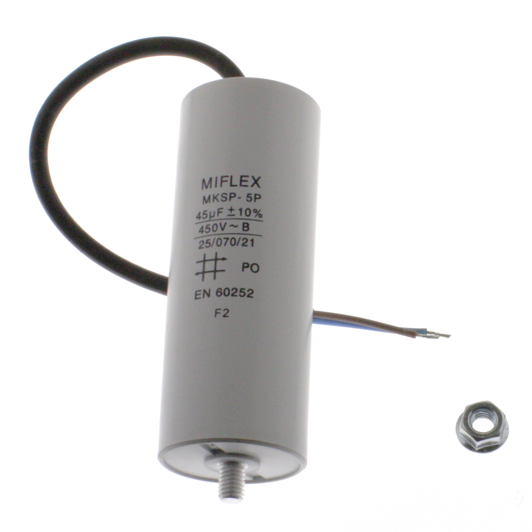 Motor Capacitor 45uF-450V, 45x114mm, cable connection