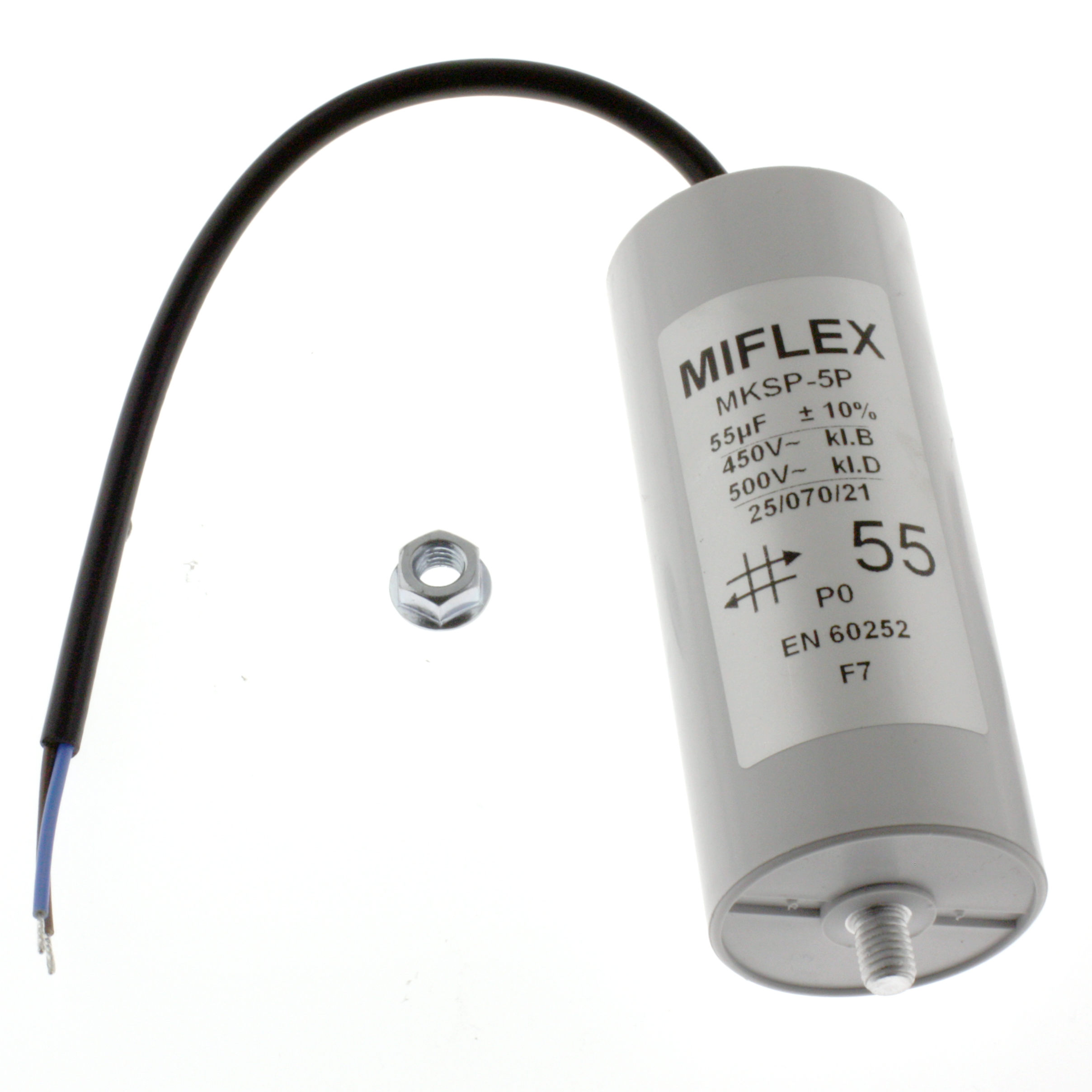 Motor Capacitor 55uF-450V, 50x119mm, cable connection