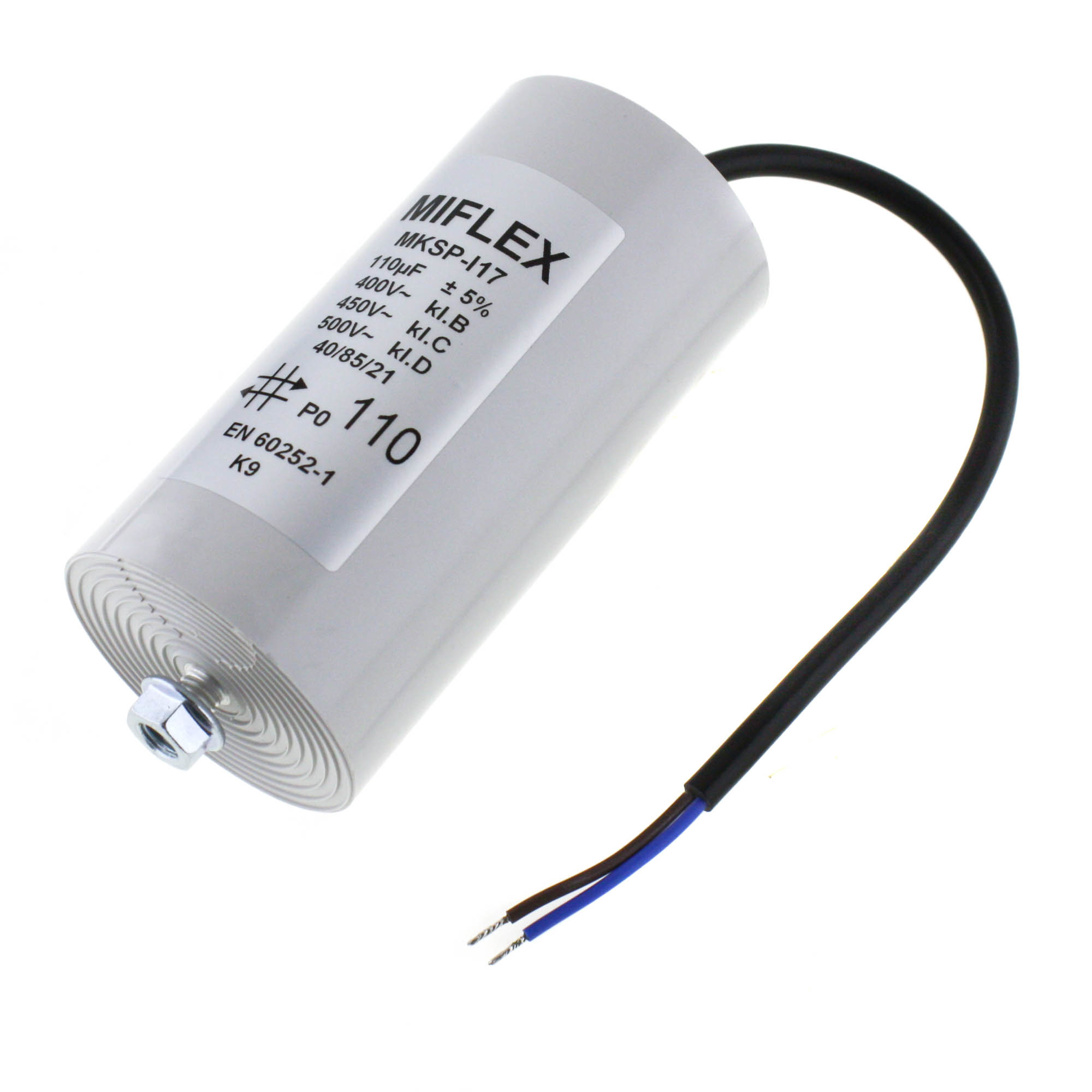 Motor Capacitor 110uF-400V, 60x119mm, cable connection