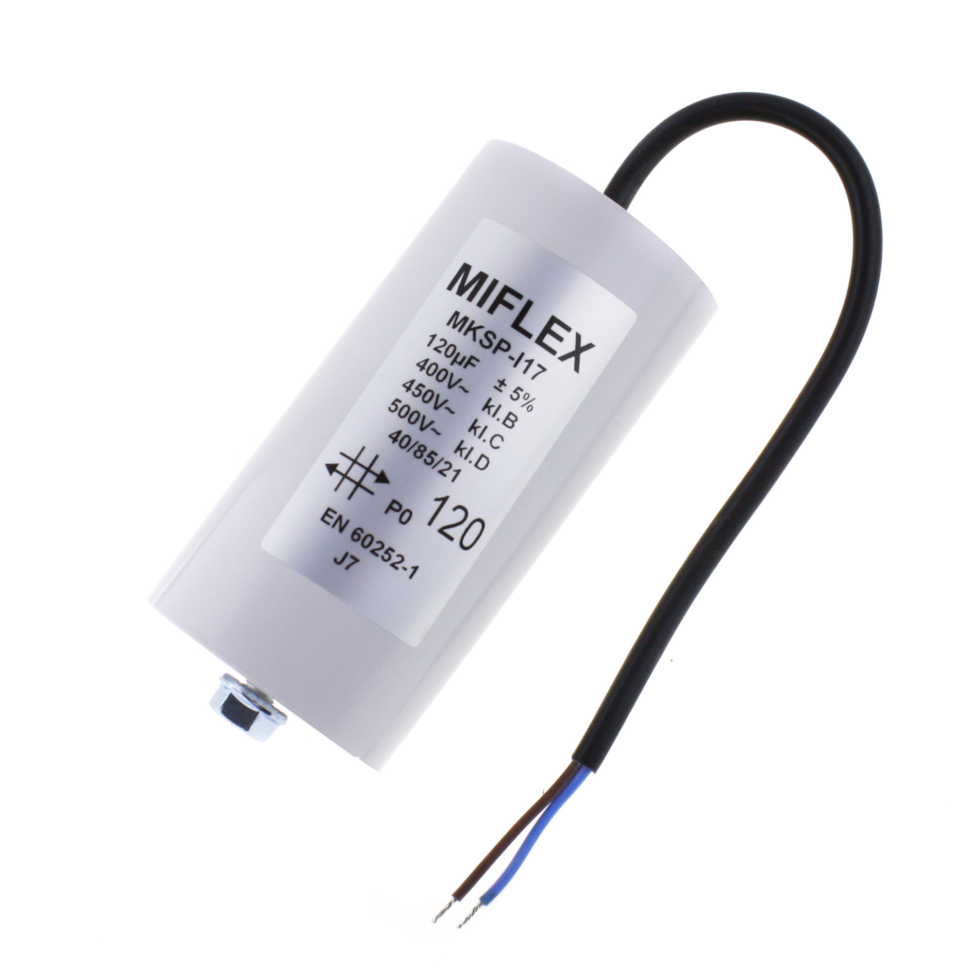 Motor Capacitor 120uF-400V, 60x119mm, cable connection